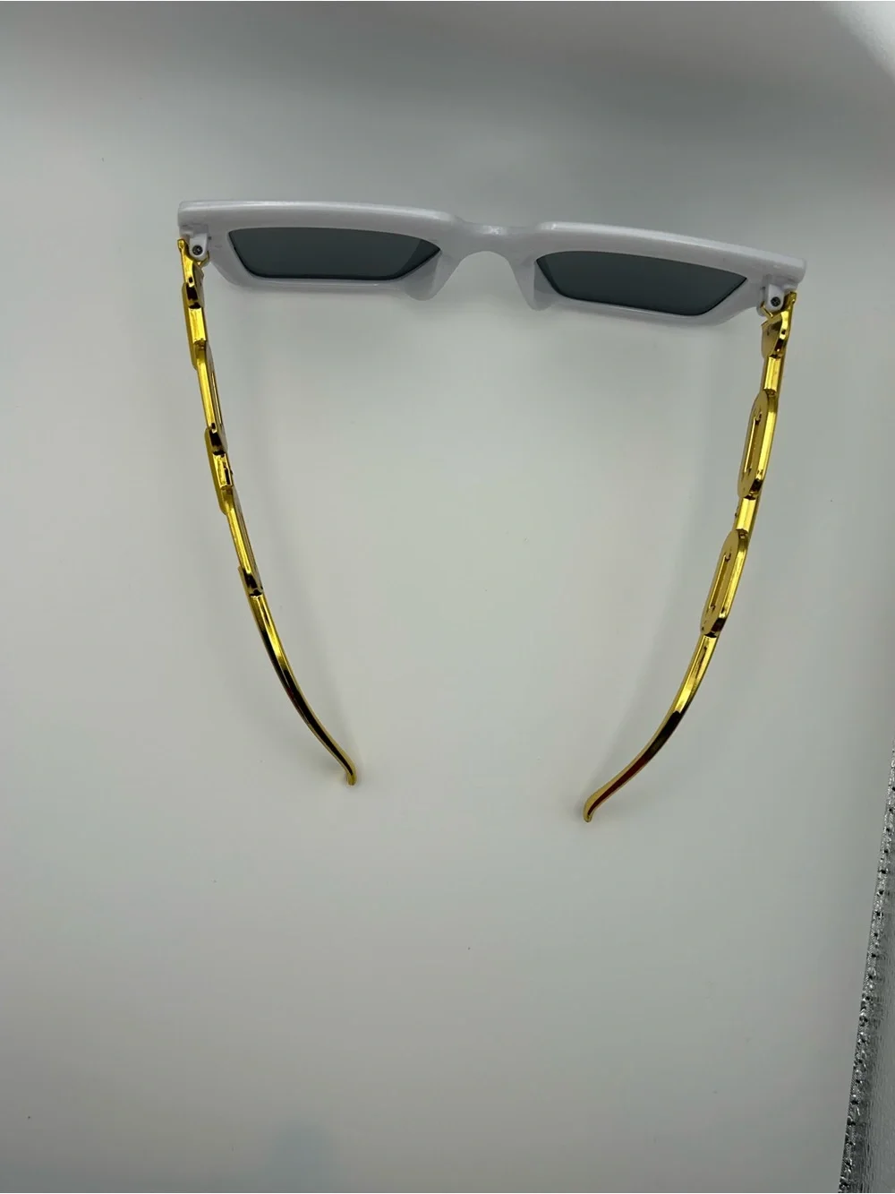 White Frame Sunglasses with Gold Chain Temples